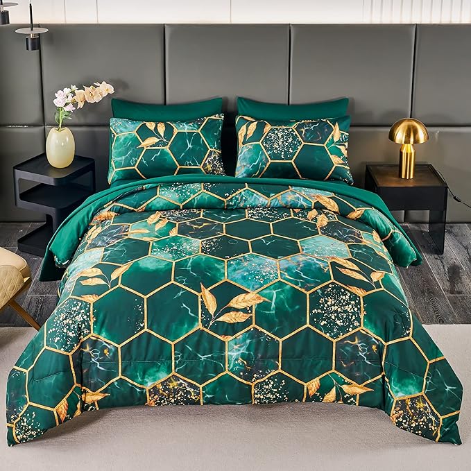 ANGIYUIN 3D Marble Honeycomb King Size Comforter Set, 7Pcs Emerald Green Geometric Hexagon Bed in A Bag, Modern Foil Print Comforter Bedding Sets with Sheets Pillowcases (Green King)
