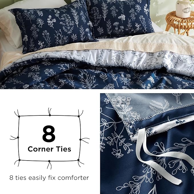Bedsure Twin/Twin XL Duvet Cover - Reversible Navy Blue Duvet Cover Set with Zipper Closure, 2 Pieces Cute Floral Patterned Bedding Set with 8 Corner Ties and 1 Pillow Sham