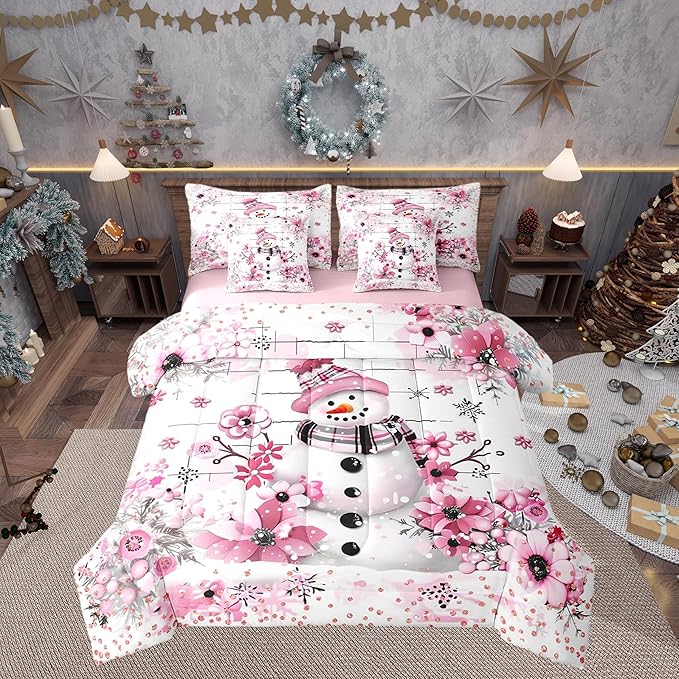 Castle Fairy Watercolor Flowers Comforter Set Bed in a Bag 7 Pieces Queen,Merry Christmas Cherry Blossom Bedding Set,Fashion Diamond (Comforter+Fitted+Flat Sheet+2 Pillowcases+2 Throw Pillow Covers)