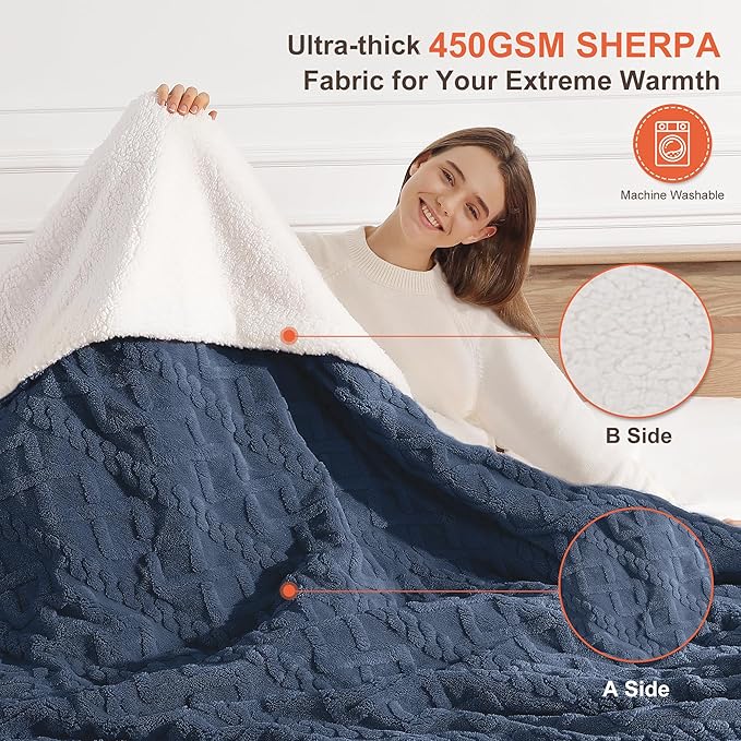 Electric Blanket King Heating Blanket 90"x100" - Dual Control Heated Blankets with Fast Heating & Over-Heat Protection, Ultra Thick 450gsm Sherpa Fleece Heated Blankets, Great Grandma Gifts(Navy Blue)