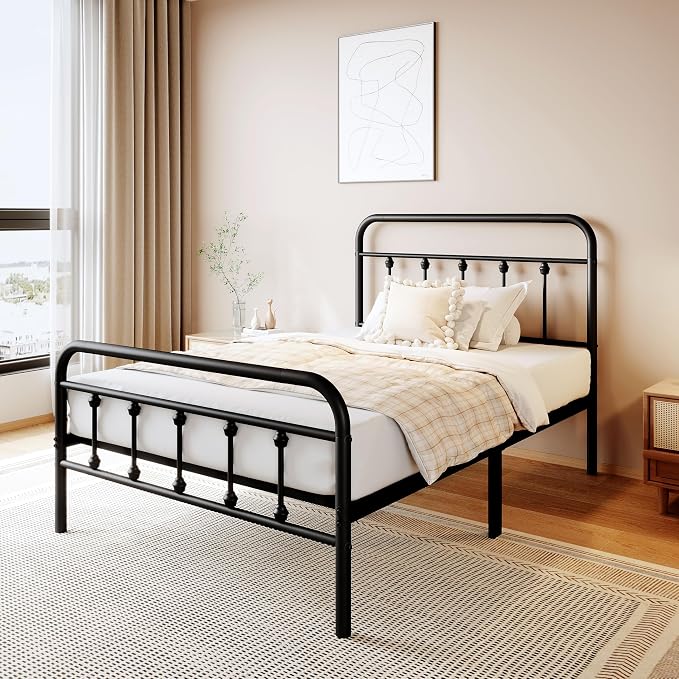 zunatu King Size Metal Bed Frame with Victorian Style Headboard and Footboard, Steel Slat Support Platform Bed, No Box Spring Needed, Under Bed Storage, Easy Assembly, Black