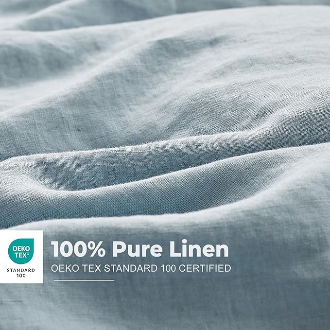 Simple&Opulence 100% Washed Linen Duvet Cover Set with Embroidered,3 Pieces Soft Farmhouse Comforter Set with Button Closure,1 Duvet Cover and 2 Pillowshams(King,Dusty Blue)