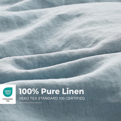 Simple&Opulence 100% Washed Linen Duvet Cover with Embroidered,3 Pieces Soft Farmhouse Comforter Set with Button Closure,1 Duvet Cover and 2 Pillowshams(Queen,Dusty Blue)