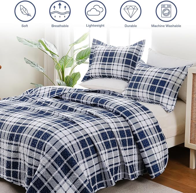 Plaid Quilt Set King Size - Ultra Soft Gingham Quilts Bedding Set with 2 Pillow Shams, Lightweight Reversible Striped Quilted Bedspread Coverlet 3 Pieces for Summer, 104"×90", Blue White