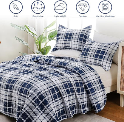 Plaid Quilt Set King Size - Ultra Soft Gingham Quilts Bedding Set with 2 Pillow Shams, Lightweight Reversible Striped Quilted Bedspread Coverlet 3 Pieces for Summer, 104"×90", Blue White