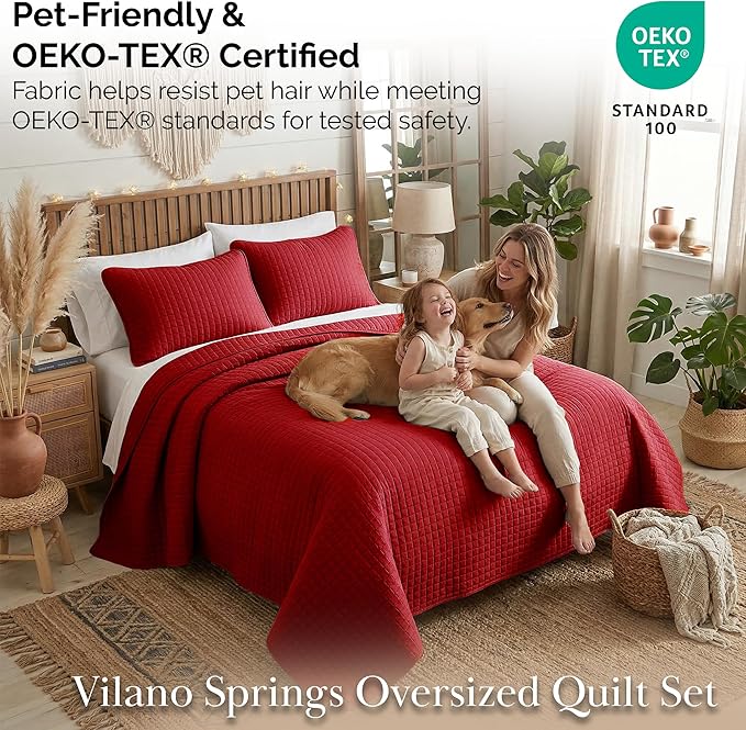 Southshore Fine Living, Inc. Full/Queen Quilt Bedding Set, Microfiber Quilts Queen Size, Coverlet, Stain & Pet Hair Resistant Bedding, Full Size Bedspread with 2 Pillow Shams, Chili Pepper Red