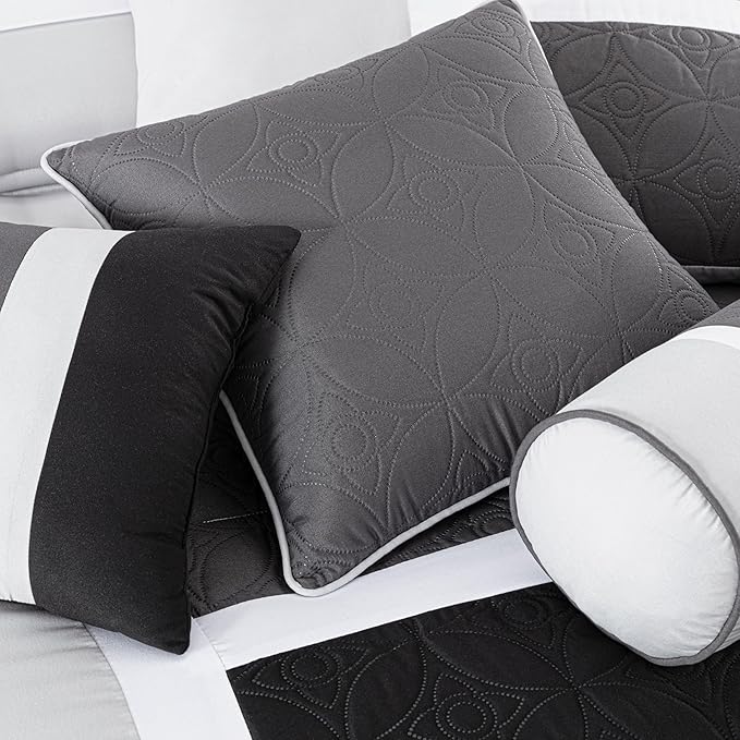 Chezmoi Collection Upland 7-Piece Quilted Patchwork Comforter Set, Black/Gray/Light Gray, Full