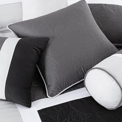 Chezmoi Collection Upland 7-Piece Quilted Patchwork Comforter Set, Black/Gray/Light Gray, Oversized King