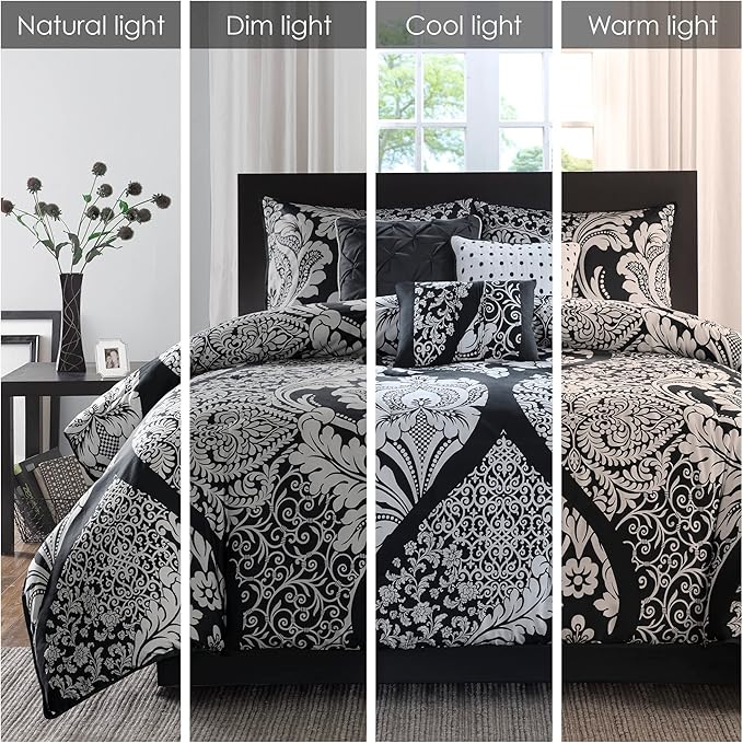Madison Park Vienna Sateen Cotton Comforter Set, Breathable, Soft Cover, Trendy, All Season Down Alternative Cozy Bedding with Matching Shams, California King, Black 7 Piece