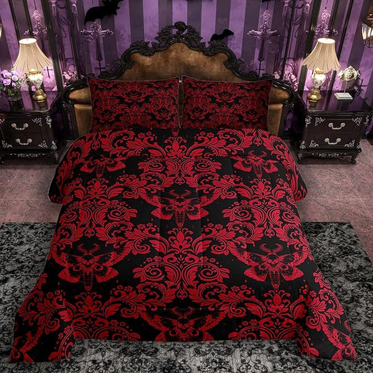 Feelyou Adults Red Vintage Damask Floral Comforter Set Oriental Antique Comforter Twin Size Gothic Bohemia Boho Flower Bedding Set Gothic Skull Duvet Set Quilt Set 2Pcs