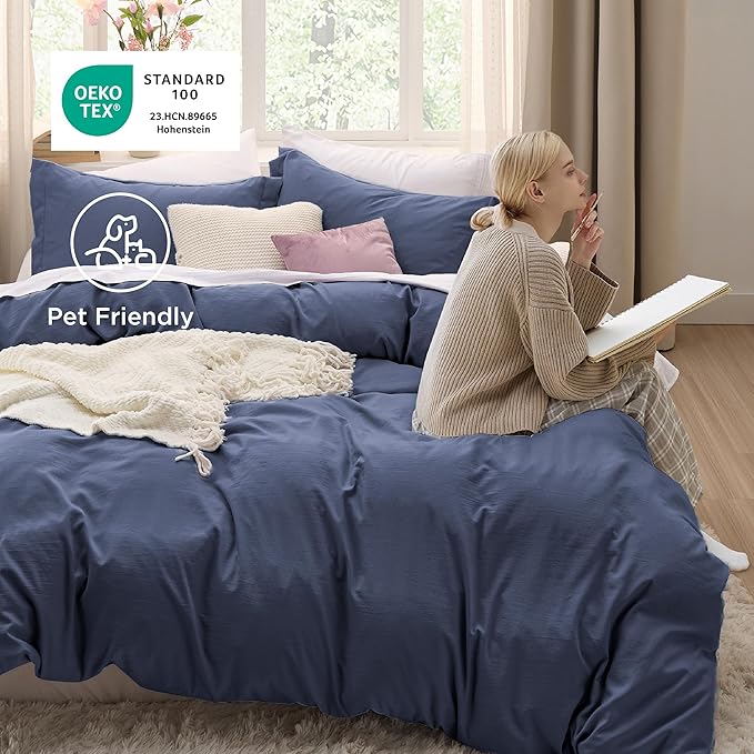 Bedsure Navy Blue Oversized King Duvet Cover - 3 Pieces Prewashed Cotton-Like Polyester Extra Soft Bedding Set, Includes 1 Duvet Cover 120x98 Inches with Zipper Closure & 2 Pillow Shams, No Comforter