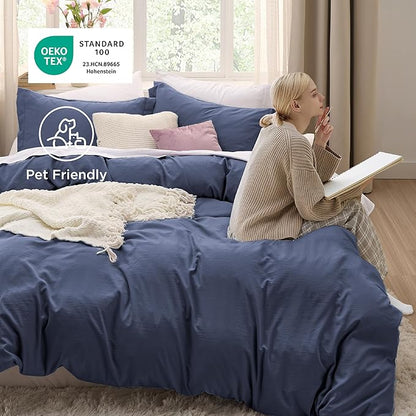 Bedsure Navy Blue Oversized King Duvet Cover - 3 Pieces Prewashed Cotton-Like Polyester Extra Soft Bedding Set, Includes 1 Duvet Cover 120x98 Inches with Zipper Closure & 2 Pillow Shams, No Comforter
