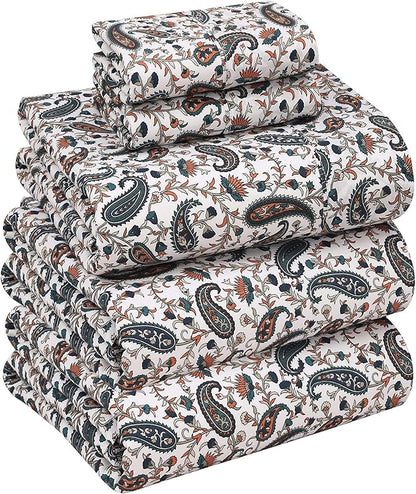 RUVANTI 100% Cotton Sheets – Split King Size Percale Bedding, Cooling & Breathable Floral Design, Durable with a Crisp, Soft & Comfortable Feel, 16" Deep Pocket, 5-Piece Set, Teal Paisley