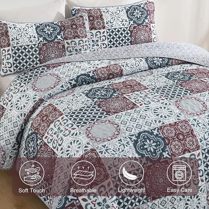Dobuyly Patchwork Quilt Set Queen Size Boho Plaid Bedspread Red Grey Quilt Coverlet Set, 3 Pieces Soft Microfiber Lightweight Farmhouse Summer Bedding Set for All Seasons 96"x90"