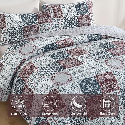 Dobuyly Patchwork Quilt Set King Size Boho Plaid Bedspread Red Grey Quilt Coverlet Set, 3 Pieces Soft Microfiber Lightweight Farmhouse Summer Bedding Set for All Seasons 110"x90"