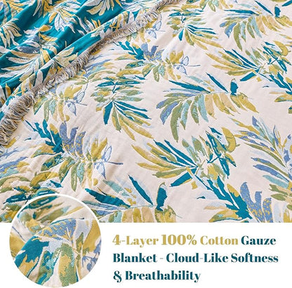 MSGKV Boho Throw Blanket for Bed Cotton 60"x80" Leaves Blanket Twin Size Couch All Seasons Muslin Spring Breathable Lightweight Farmhouse Blankets