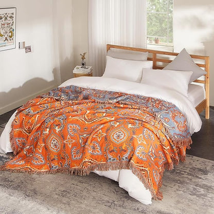 Boho Throw Blanket for Bed 90”x98”, 100% Cotton Woven Blanket for Couch Sofa, Ultra Soft 4-Layer Muslin Quilt with Floral Printed, Farmhouse Bed Blanket/Cover for Living Room Decor