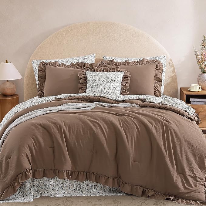 Full Comforter Set - 7 Pieces Ruffle Amber Brown Bedding Sets, Shabby Chic Farmhouse Bed in a Bag with Ruffle Comforter, Floral Sheets, Pillowcases & Shams