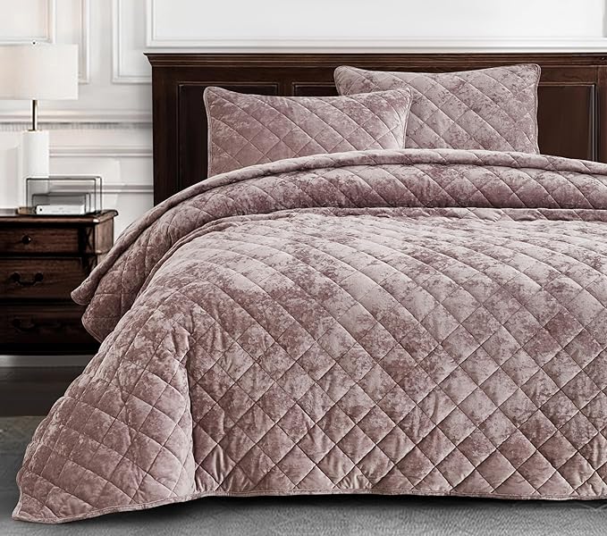Chezmoi Collection Lux Dusty Pink Velvet Quilt Oversized King Set, 3-Piece Plush Distressed Velvet Bedding All Season Lightweight Comforter Brushed Microfiber Reverse with Diamond Stitch Quilting