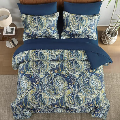 DJY Paisley Comforter Set Queen Size Navy Gold Boho Bed in a Bag 7 Piece, Soft Microfiber Vintage Paisley Floral Pattern Complete Bedding Set for All Season (90''x90)
