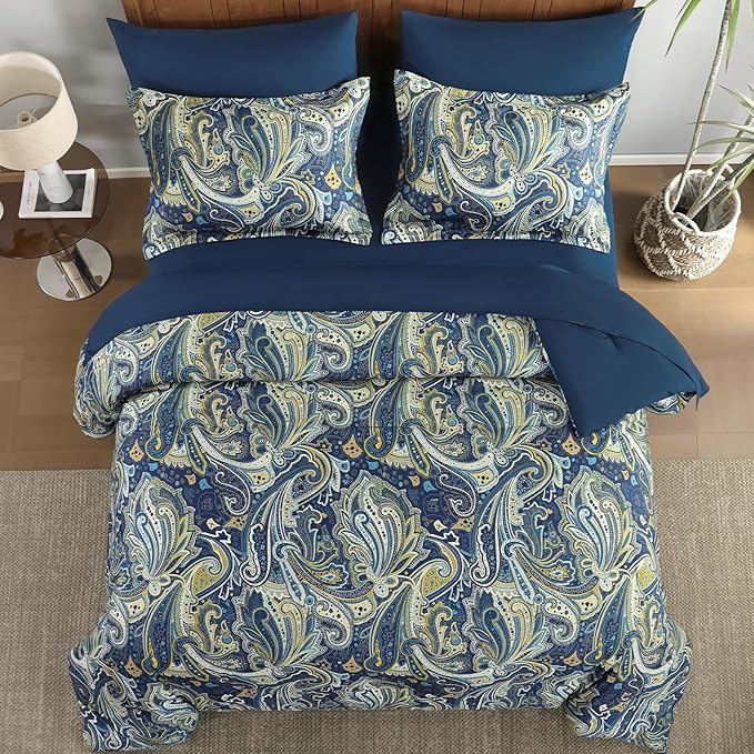 DJY Paisley Comforter Set King Size Navy Gold Boho Bed in a Bag 7 Piece, Soft Microfiber Vintage Paisley Floral Pattern Complete Bedding Set for All Season (104''x90)