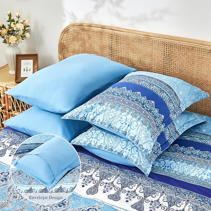 Boho King Size Comforter Set Blue - 7 Pieces Floral Striped Comforter Set with Sheets, Soft Microfiber Bohemian Complete Bedding Sets for All Season (Blue,King)