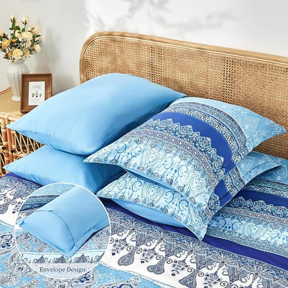 Boho King Size Comforter Set Blue - 7 Pieces Floral Striped Comforter Set with Sheets, Soft Microfiber Bohemian Complete Bedding Sets for All Season (Blue,King)