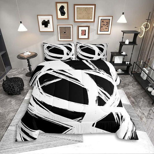 Erosebridal White and Black Abstarct Toddler Bedding Set,Aesthetic Geometric Comforter Set for Minimalists,Graffiti Stripes Lines Quilt,Contemporary Boho Modern Art Duvet Insert for Minimalism