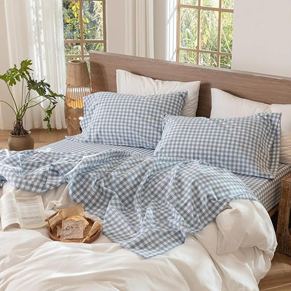 MooMee Gingham Sheet Set 100% Washed Cotton Linen Like Textured Breathable Soft w/Fully Elasticized 16-19" Deep Pocket (Classic Gingham Cornflower Blue, King)