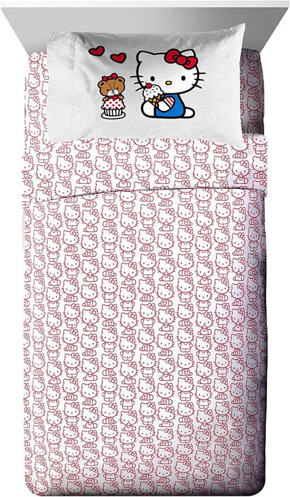 Jay Franco Sanrio Hello Kitty Twin Size Comforter Set - 5 Piece Red & Grey Bedding Includes Sheet Set & Pillow Covers - Super Soft Cozy Kawaii Bedding