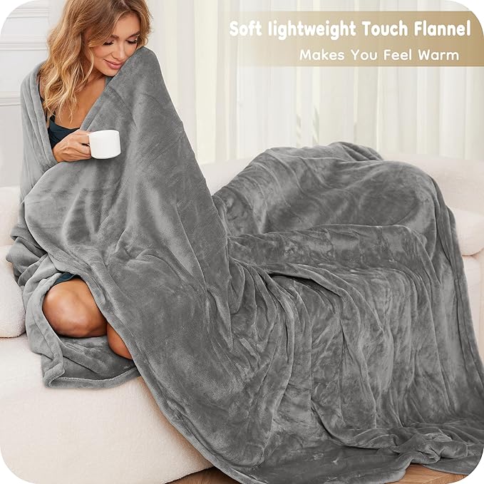 Electric Heated Blanket Full Size 72"×84", Luxurious Breathable Flannel with 4 Heat Settings, 10-Hour Auto Shut-Off & Overheat Protection, for Bed & Couch, Cozy Gift - Light Grey