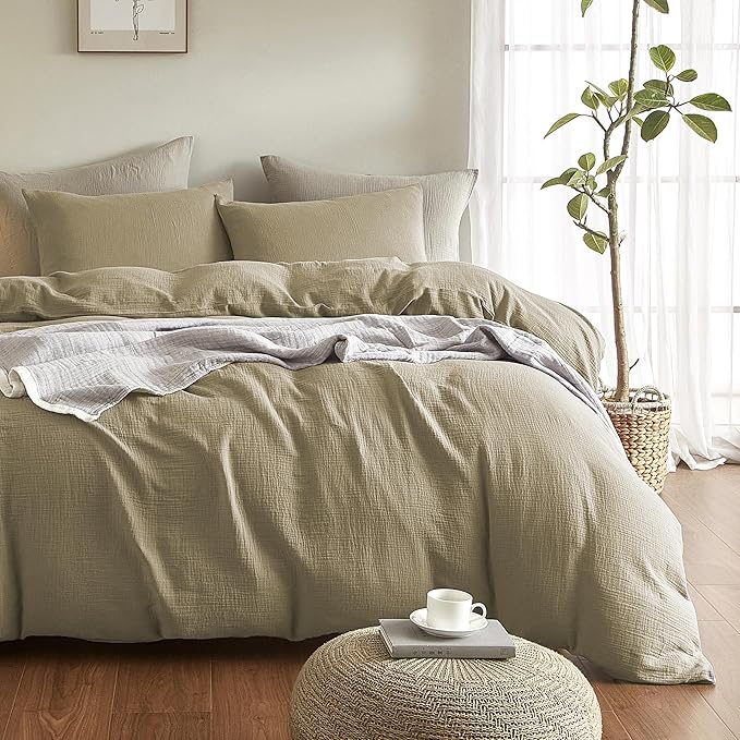 SE SOFTEXLY Muslin Duvet Cover King Size, 100% Washed Cotton Duvet Cover Set, Ultra Soft Comforter Cover Linen Like, 3 Pieces Minimalist Gauze Duvet Cover with 2 Pillowcases, 90"x104", Oatmeal