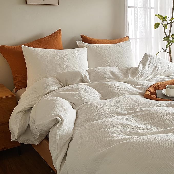 SE SOFTEXLY Muslin Duvet Cover Queen Size, 100% Washed Cotton Duvet Cover Set, Ultra Soft Comforter Cover Linen Like, 3 Pieces Minimalist Gauze Duvet Cover with 2 Pillowcases, 80"x90", White