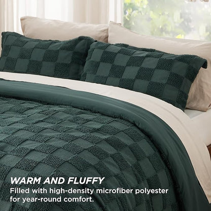 Bedsure Twin/Twin XL Comforter Set Emerald, Boho Tufted Bed Set, Checkered Farmhouse Shabby Chic Bedding, 2 Pieces, 1 Plaid Geometric Comforter and 1 Pillow Sham