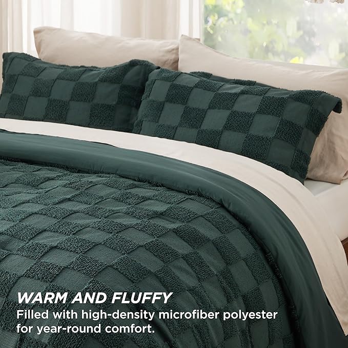 Bedsure Queen Size Comforter Set Emerald, Boho Tufted Bed Set, Checkered Farmhouse Shabby Chic Bedding, 3 Pieces, 1 Plaid Geometric Comforter and 2 Pillow Shams