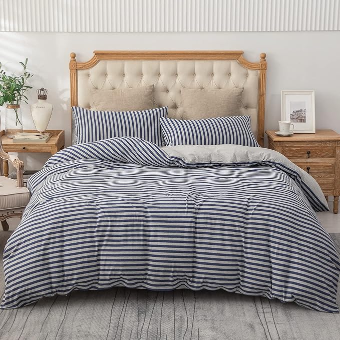 PURE ERA Jersey Knit Duvet Cover Set 100% T-Shirt Heather Cotton Super Soft Comfy Classic Striped Design, with Zipper Closure, Heather Grey Blue Stripe, King