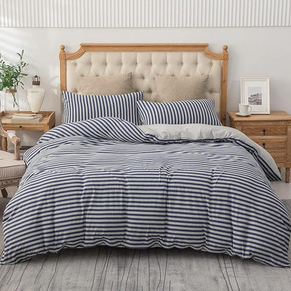PURE ERA Jersey Knit Duvet Cover Set 100% T-Shirt Heather Cotton Super Soft Comfy Classic Striped Design, with Zipper Closure, Heather Grey Blue Stripe, King