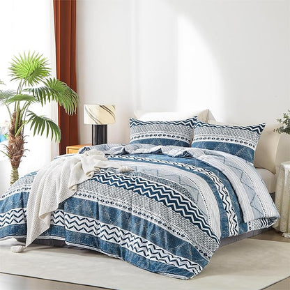 BOLINLIVING Twin Comforter Set Kids, Boho Stripe Comforter Set Twin Size, Twin Bed in a Bag Soft Bohomian Bedding Lightweight Breathable for All Seasons (Blue 66×90 inch)