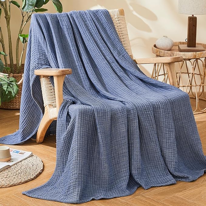 EMME Cotton Muslin Large Throw Blanket Couch Breathable Gauze Soft Lightweight Bed Blankets Adults (Heather Navy, 50"x70")
