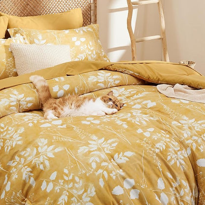 Bedsure Queen Comforter Set - 7 Pieces Floral Yellow Soft Bedding Sets, Queen Bed in a Bag with Botanical Flowers Comforter, Sheets, Pillowcases & Shams