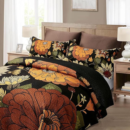 3 Piece Black Boho Floral King Size Quilt Sets Reversible Farmhouse Botanical Lightweight Bedspread Coverlet with 2 Shams Mid Century Microfiber Bedding Quilts Set for All Season,106''x96''