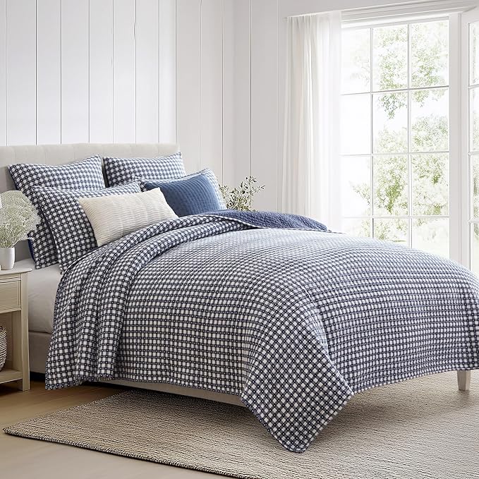 Levtex Home - Camden Gingham Stitch Navy Quilt Set - Full/Queen Quilt (88x92in) and 2 Standard Shams (20x26in) - Textured Gingham - Navy and White - Reversible - Cotton | Textured