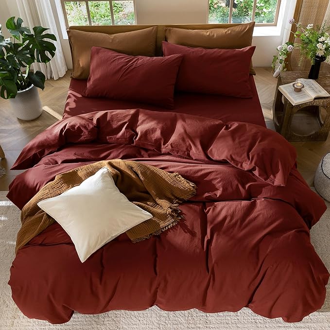 MooMee Bedding Pillowcases Pack of 2 100% Washed Cotton Linen Like Textured Breathable Durable Soft Comfy (Solid Fired Brick Red, Queen)