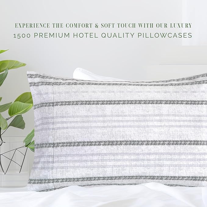 Elegant Comfort Ultra Soft Set of 2 Striped Print Pillowcases - 1500 Premium Hotel Quality Microfiber, Soft and Smooth Envelope Closure 2-Piece Pillow Covers - King, Traci Gray