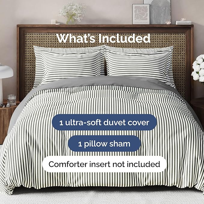 Duvet Cover Twin/Twin XL Size Set - Extra Soft Twin/Twin XL Duvet Cover 68" x 90" with 1 Pillow Sham - Hotel Luxury, Easy Care, Fade Free w/ Zipper Closures & Ties - Comfy & Breathable (Grey Stripes)