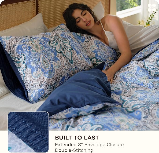 Bedsure Duvet Cover Queen Size - 100% Cotton Reversible Classic Paisley Damask Pattern Duvet Cover Set, 3 Pieces Soft & Breathable PureWoven Bedding Set with 2 Pillow Shams (Blue Paisley 104"x90")