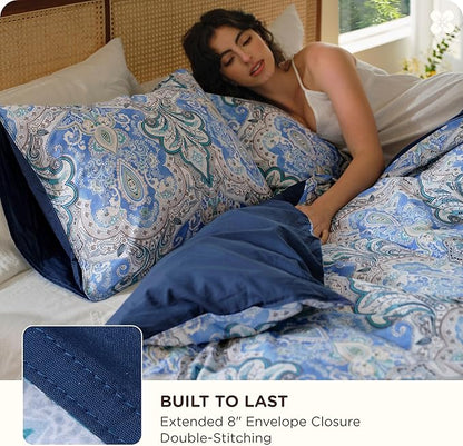 Bedsure Duvet Cover Queen Size - 100% Cotton Reversible Classic Paisley Damask Pattern Duvet Cover Set, 3 Pieces Soft & Breathable PureWoven Bedding Set with 2 Pillow Shams (Blue Paisley 90"x90")