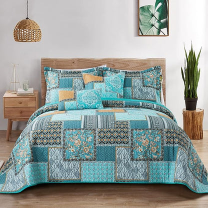 BEDIFANY 3 Pieces Cotton King Size Quilt Sets, King Bedspread Lightweight Quilted Reversible Coverlets Farmhouse Quilt Bedding Sets Boho King Quilt Set for Bed Decorations for All Seasons