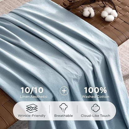 JELLYMONI 100% Washed Cotton Duvet Cover King – Soft, Breathable Linen-Look Bedding with Natural Wrinkle Texture, Button Closure, 3-Piece Set (Mist Blue, 104"x90")