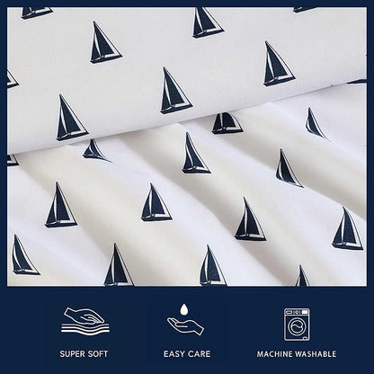 Nautica - Sheets, Cotton Percale Bedding Set with Matching Pillowcases, Crisp & Cool, Deep Pocket (Windtale Boat Navy, Queen)